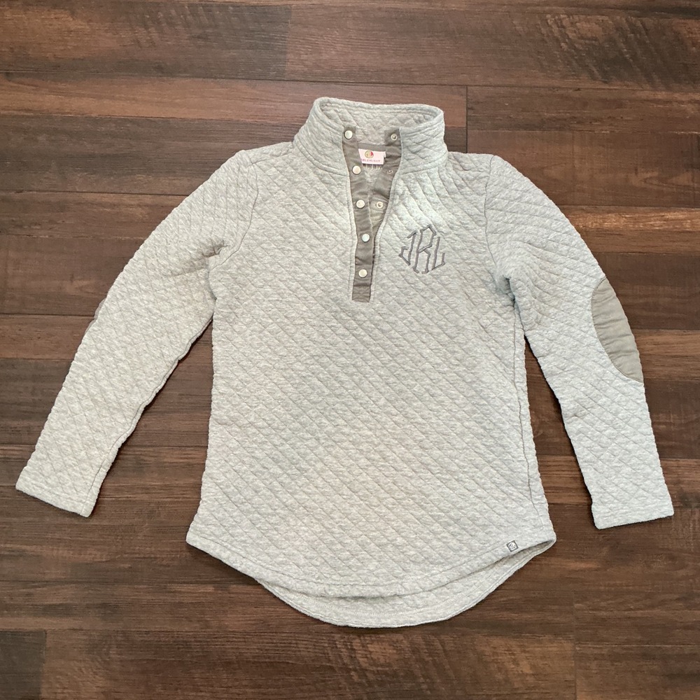 Marley Lilly Quilted Monogram Pullover Gray Elbow Patch Small Preppy Sweatshirt